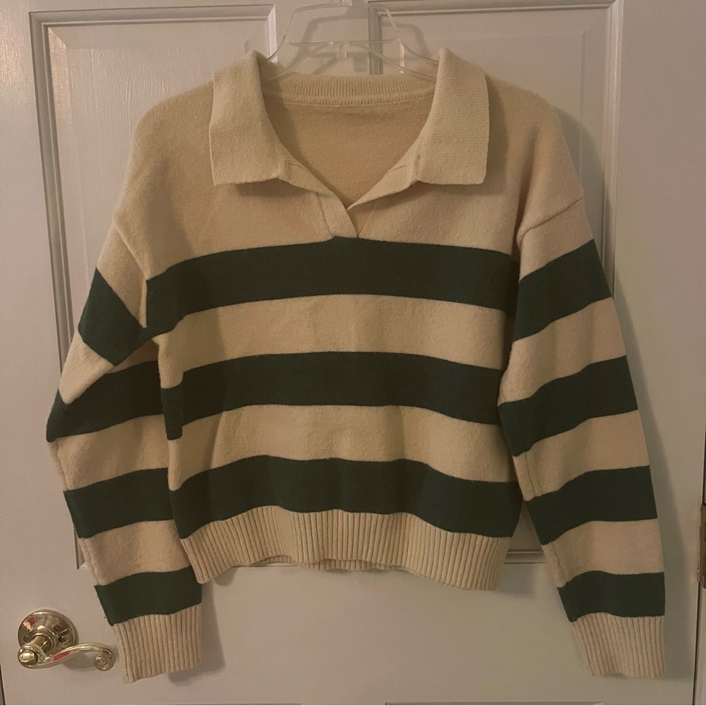 DAZY Women’s Striped Green & Cream Polo-Neck Long Sleeve Sweater
